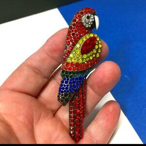 BIG MULTICOLOR CRYSTAL GLASS RHINESTONE ROOSTER BROOCH NEW OLD STOCK SILVERTONE